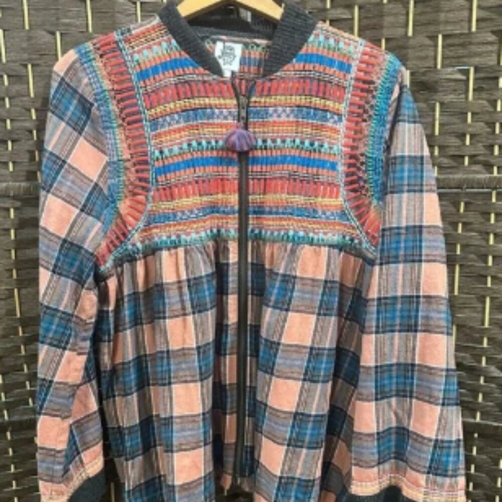 Ivy Jane plaid boho embroidered lightweight jacket top size large